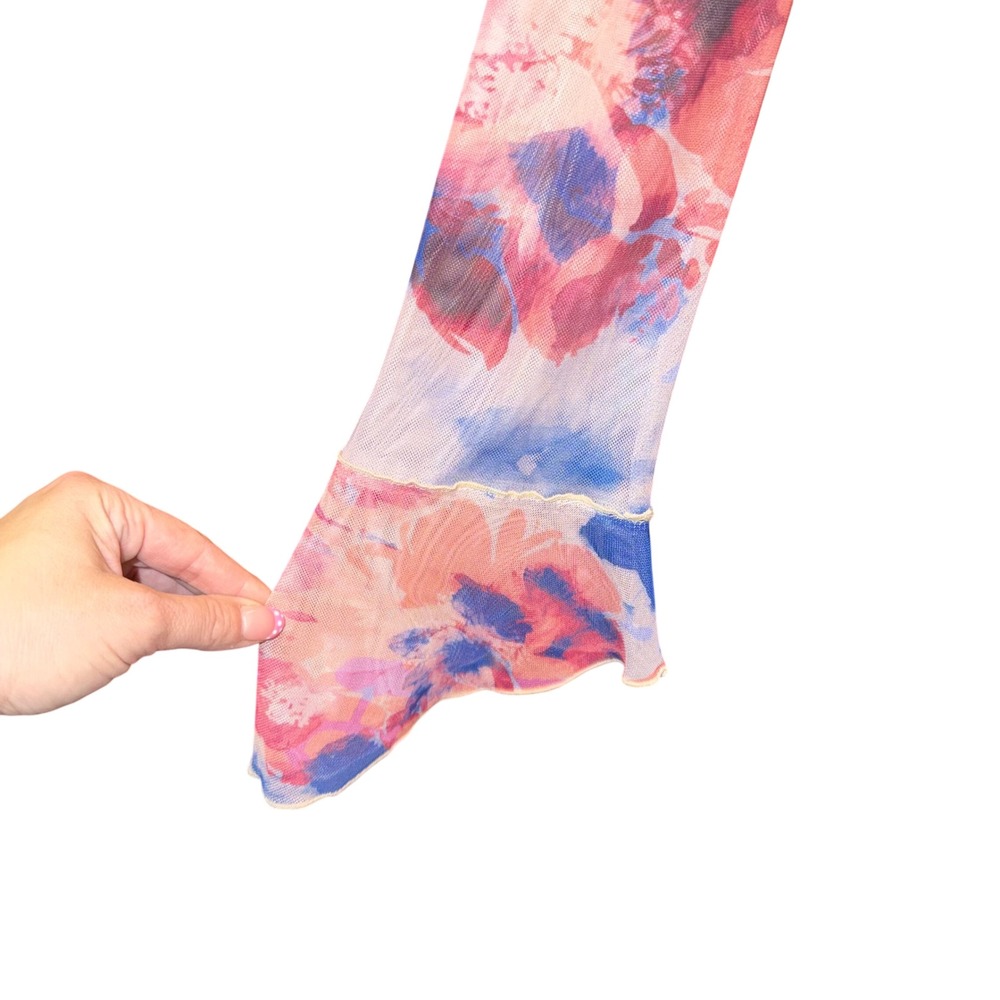 Tiger Mist Mini Dress Womens L Pink Blue Excellent Mesh Floral Script V-Neck Tie - Picture 4 of 9